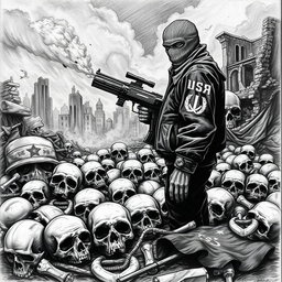 A dramatic black and white drawing featuring skulls scattered on the ground