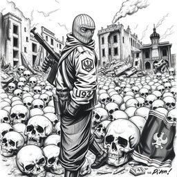 A dramatic black and white drawing featuring skulls scattered on the ground