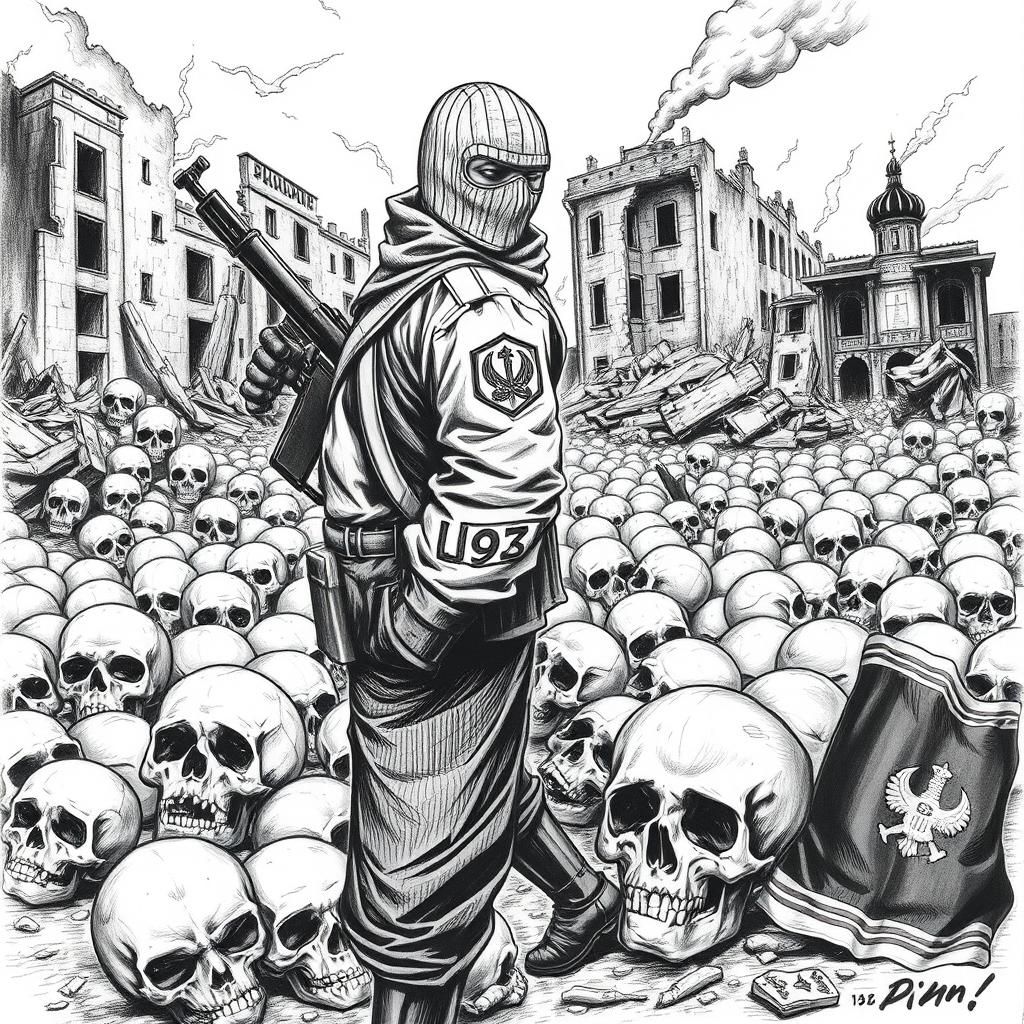 A dramatic black and white drawing featuring skulls scattered on the ground