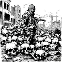 A dramatic black and white drawing featuring skulls scattered on the ground