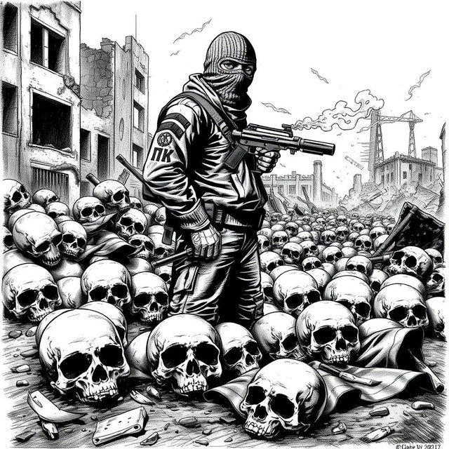 A dramatic black and white drawing featuring skulls scattered on the ground