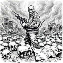 A dramatic black and white drawing featuring skulls scattered on the ground