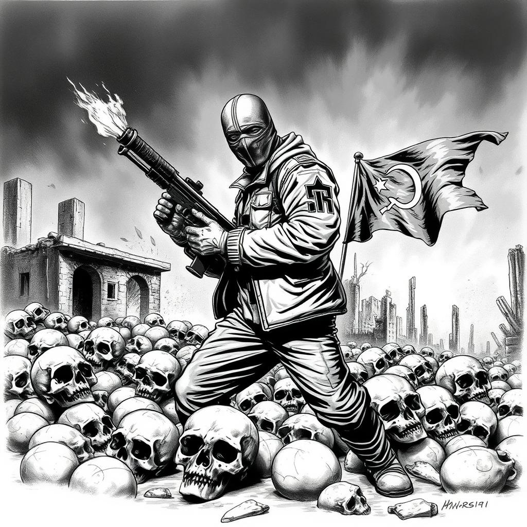A striking black and white drawing depicting a somber scene with skulls scattered across the ground