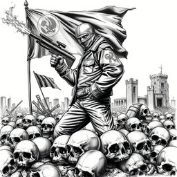 A striking black and white drawing depicting a somber scene with skulls scattered across the ground