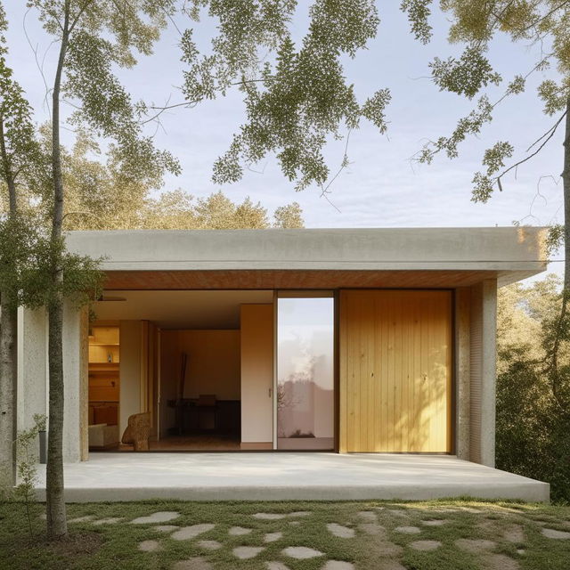 Front view of a dream house on one floor, aesthetically balanced with wood and cement, creatively blending vintage and modern elements