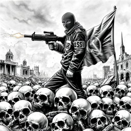 A striking black and white drawing depicting a somber scene with skulls scattered across the ground