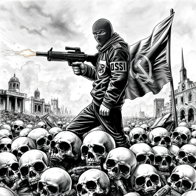 A striking black and white drawing depicting a somber scene with skulls scattered across the ground