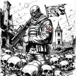 A striking black and white drawing illustrating a gritty post-apocalyptic scene