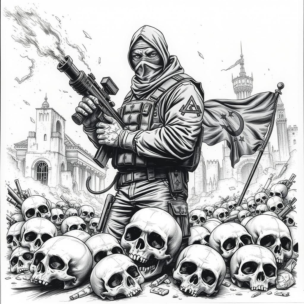 A striking black and white drawing illustrating a gritty post-apocalyptic scene