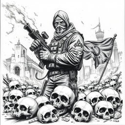 A striking black and white drawing illustrating a gritty post-apocalyptic scene