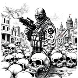 A striking black and white drawing illustrating a gritty post-apocalyptic scene