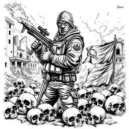 A striking black and white drawing illustrating a gritty post-apocalyptic scene