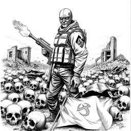 A dramatic black and white drawing depicting a landscape strewn with skulls lying on the ground