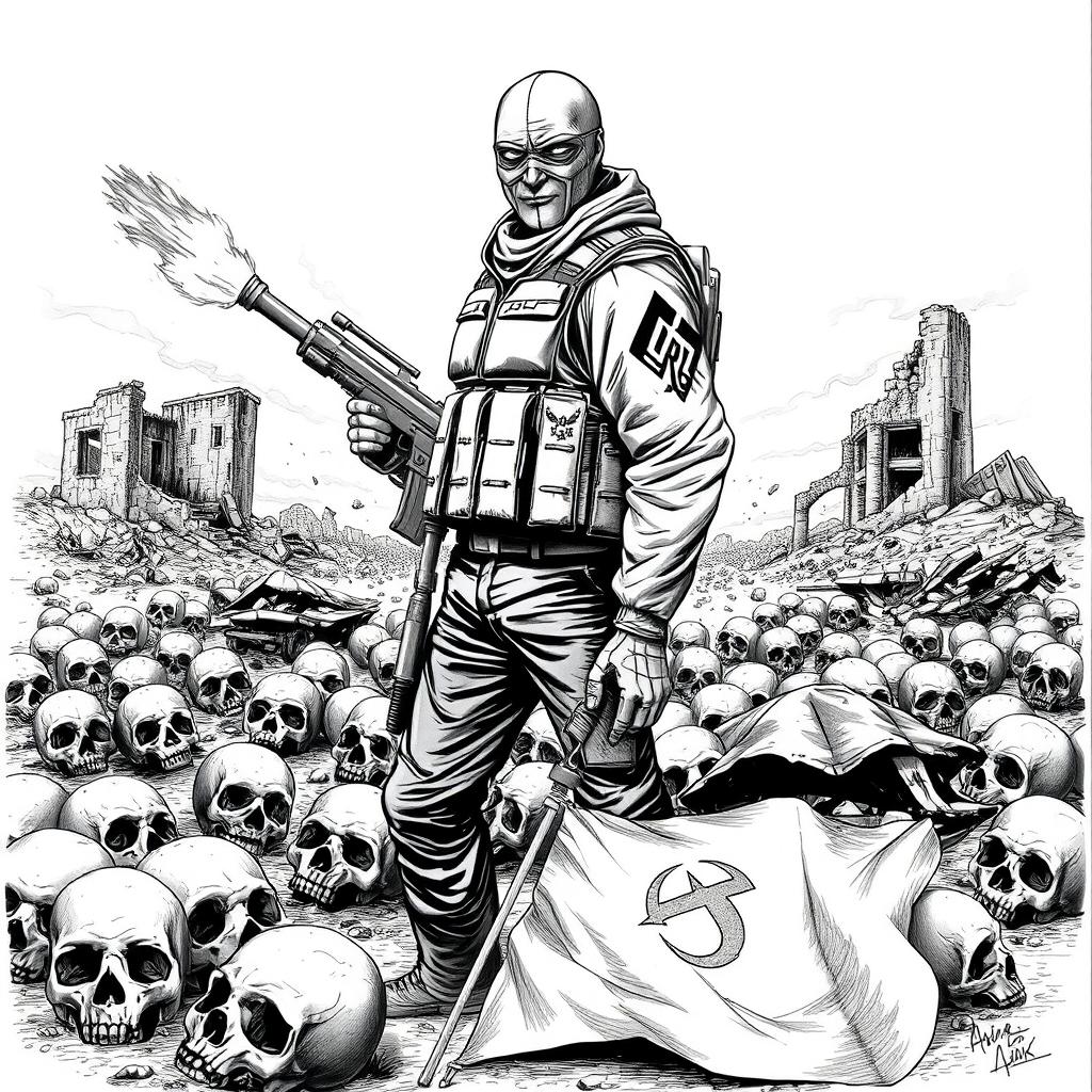 A dramatic black and white drawing depicting a landscape strewn with skulls lying on the ground