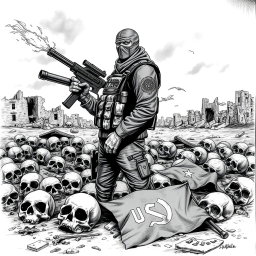 A dramatic black and white drawing depicting a landscape strewn with skulls lying on the ground