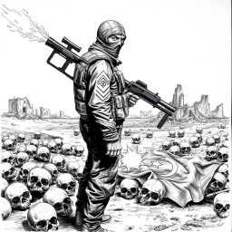 A dramatic black and white drawing depicting a landscape strewn with skulls lying on the ground