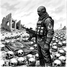 A dramatic black and white drawing depicting a landscape strewn with skulls lying on the ground