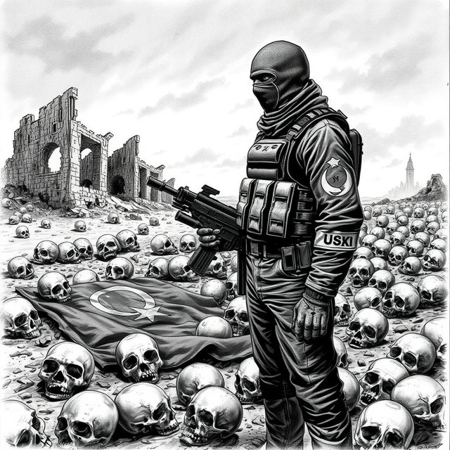 A dramatic black and white drawing depicting a landscape strewn with skulls lying on the ground