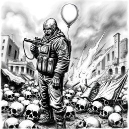A dramatic black and white drawing depicting a war-torn scene with skulls scattered on the ground, symbolizing destruction and death