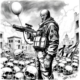A dramatic black and white drawing depicting a war-torn scene with skulls scattered on the ground, symbolizing destruction and death