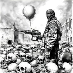 A dramatic black and white drawing depicting a war-torn scene with skulls scattered on the ground, symbolizing destruction and death