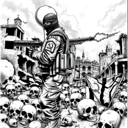 A dramatic black and white drawing depicting a war-torn scene with skulls scattered on the ground, symbolizing destruction and death