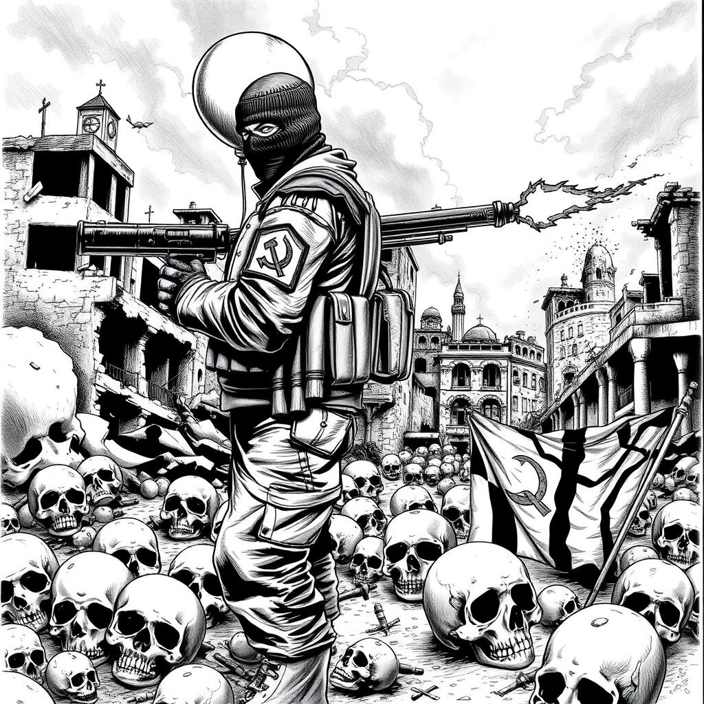 A dramatic black and white drawing depicting a war-torn scene with skulls scattered on the ground, symbolizing destruction and death