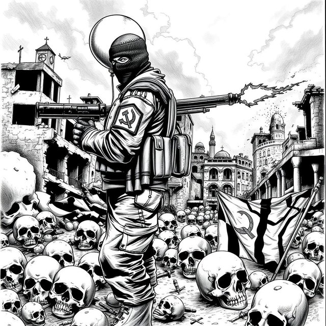 A dramatic black and white drawing depicting a war-torn scene with skulls scattered on the ground, symbolizing destruction and death