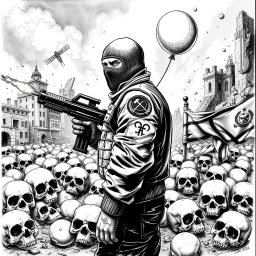 A striking black and white drawing depicting a nightmarish scene of skulls strewn across the ground