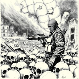 A striking black and white drawing depicting a nightmarish scene of skulls strewn across the ground