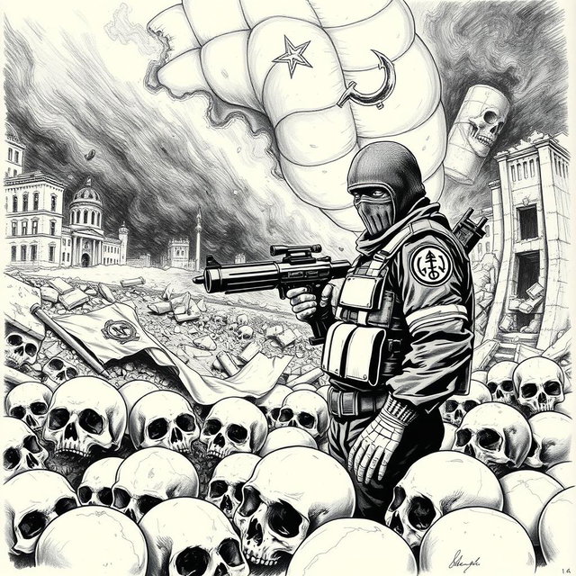 A striking black and white drawing depicting a nightmarish scene of skulls strewn across the ground