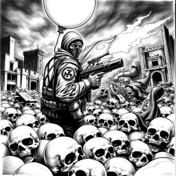 A striking black and white drawing depicting a nightmarish scene of skulls strewn across the ground