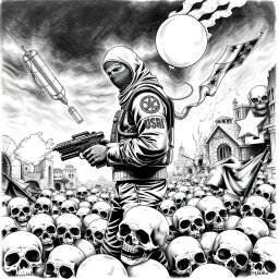 A striking black and white drawing depicting a nightmarish scene of skulls strewn across the ground