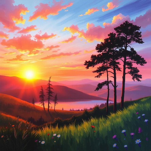 A stunning sun landscape painting featuring a vibrant sunset over rolling hills