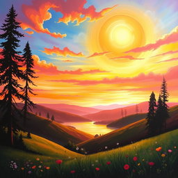 A stunning sun landscape painting featuring a vibrant sunset over rolling hills