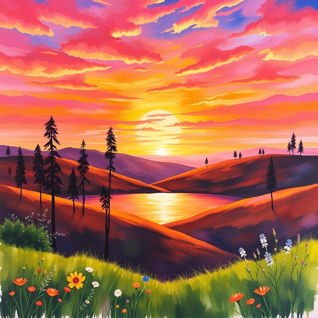 A stunning sun landscape painting featuring a vibrant sunset over rolling hills