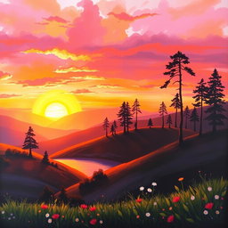 A stunning sun landscape painting featuring a vibrant sunset over rolling hills