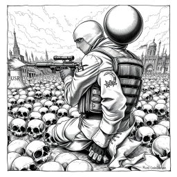 A detailed black and white drawing featuring a scene on the ground filled with skulls