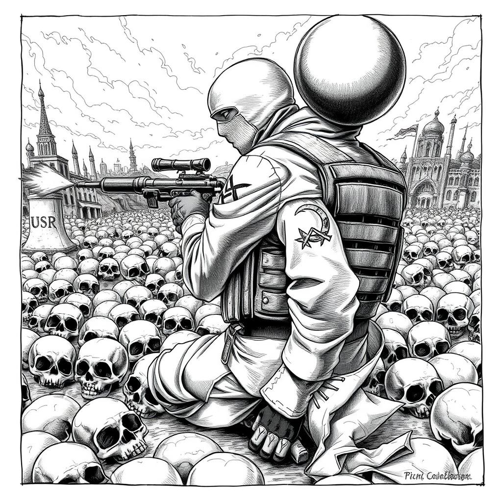 A detailed black and white drawing featuring a scene on the ground filled with skulls