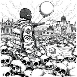 A detailed black and white drawing featuring a scene on the ground filled with skulls