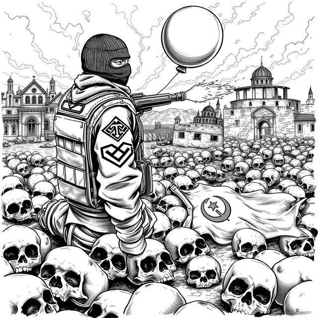 A detailed black and white drawing featuring a scene on the ground filled with skulls