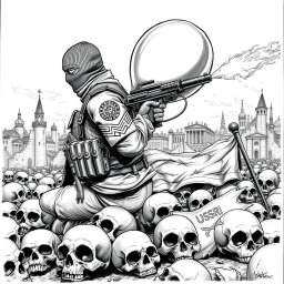 A detailed black and white drawing featuring a scene on the ground filled with skulls