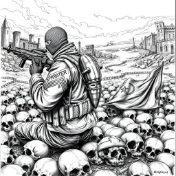 A detailed black and white drawing featuring a scene on the ground filled with skulls