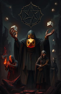 A dark, gothic atmosphere featuring Azar-Zot, an entity outside of time and the god of Games, obscured by a golden mask