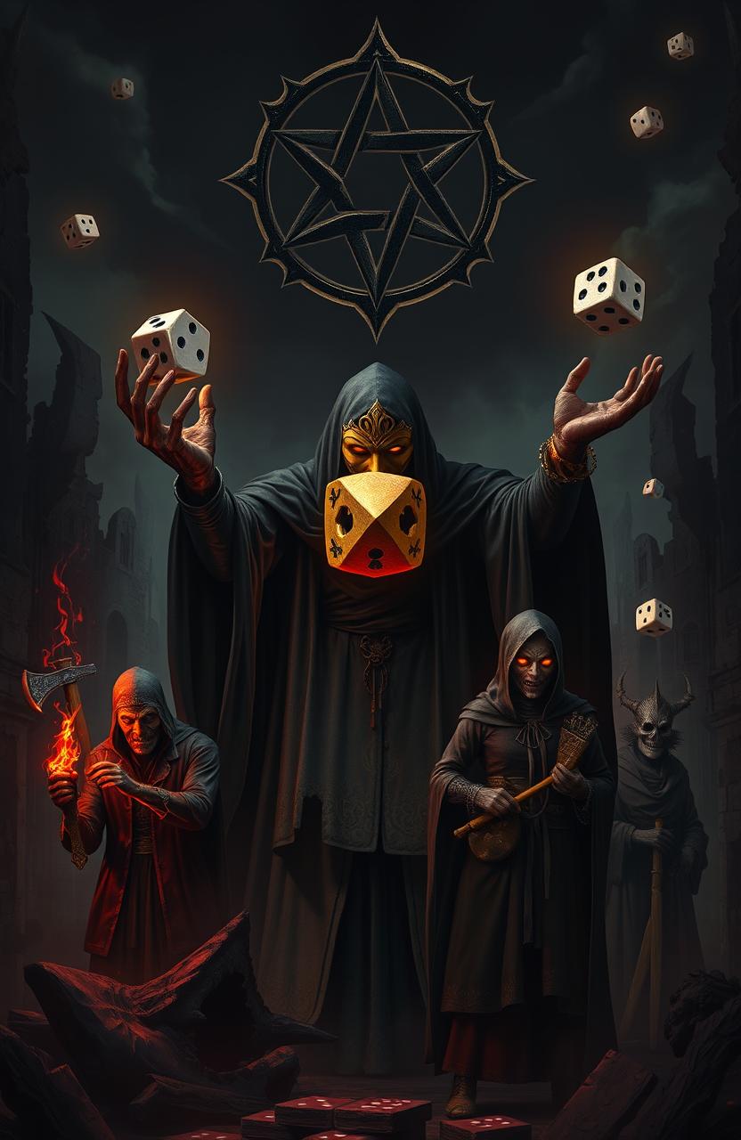 A dark, gothic atmosphere featuring Azar-Zot, an entity outside of time and the god of Games, obscured by a golden mask