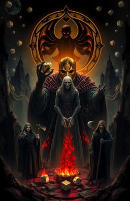 A dark, gothic atmosphere featuring Azar-Zot, an entity outside of time and the god of Games, obscured by a golden mask