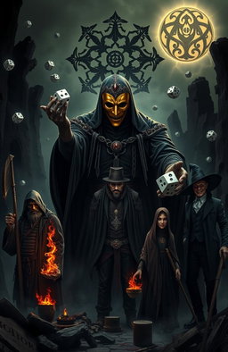 A dark, gothic atmosphere featuring Azar-Zot, an entity outside of time and the god of Games, obscured by a golden mask