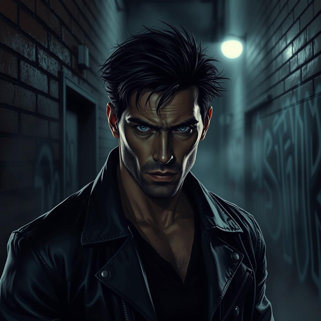 A dark and intense scene depicting a male character, Alex Zenkevitch, with sharp facial features and piercing eyes