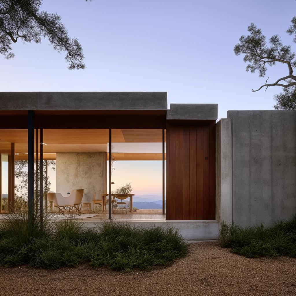 Front view of a dream house on one floor, aesthetically balanced with wood and cement, creatively blending vintage and modern elements