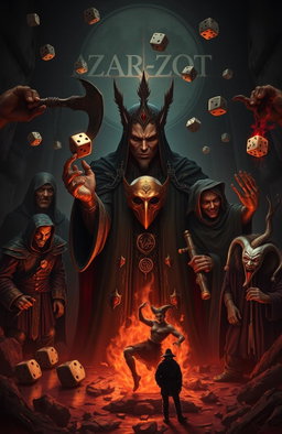 A dark, gothic atmosphere envelops a scene focused on Azar-Zot, a timeless being and god of games, whose true face is hidden beneath a golden mask